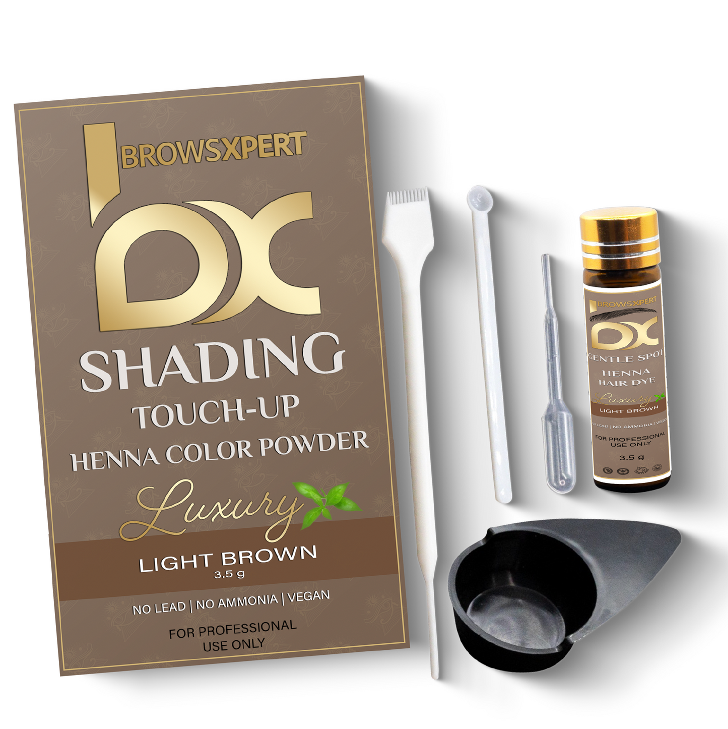 BROWSXPERT Professional Shading Touch-Up Kit — Henna Color Powder with Mixing Dish, Stir & Brush | 3.5g | Natural Look (Deep Dark Brown, Medium Brown, Light Brown)