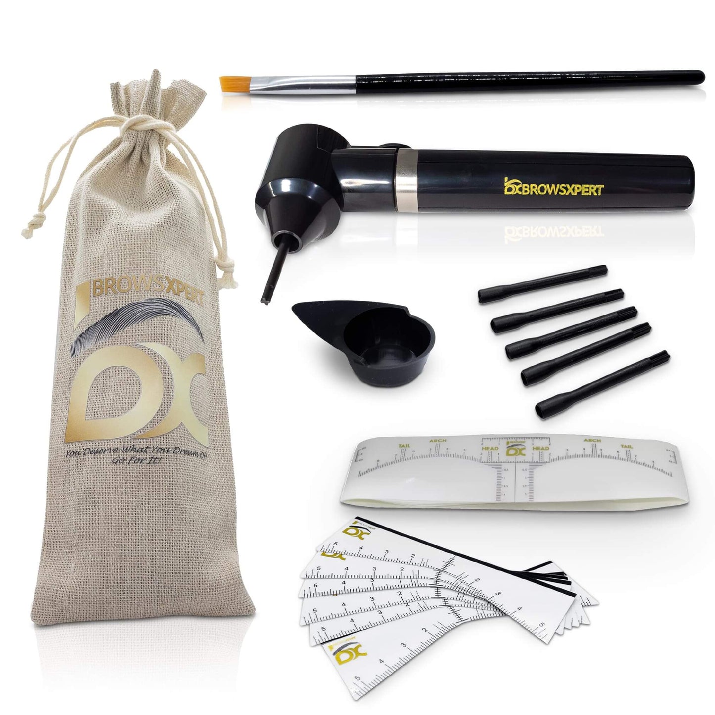 BROWSXPERT Electric Mixer Kit – Pigment Mixer Machine, 5 Mixing Sticks Stirring Tool for Pigment, Henna & Tinting + Bowl, Brush, 6 Stencils & 3 Sticky Rulers – Skin Prep & Mapping Accesories